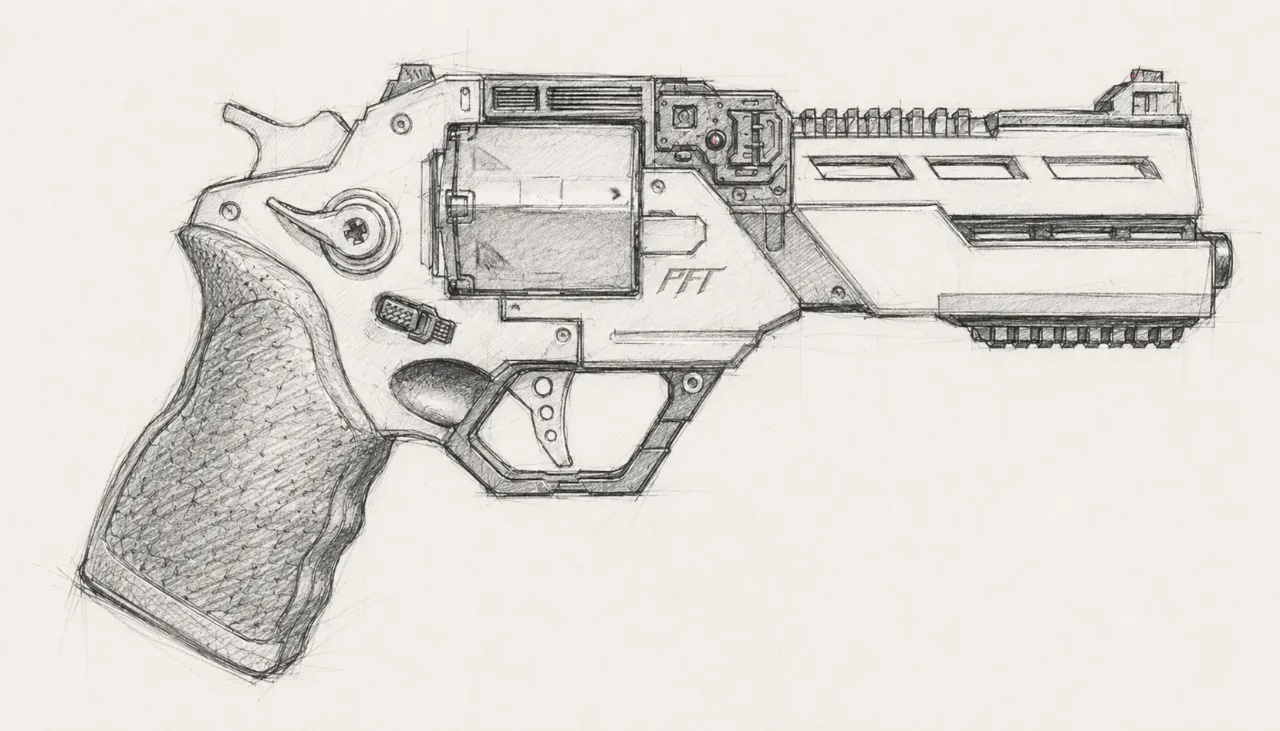 cyberpunk cinecomic series The Talos Project sci-fi revolver gun concept art