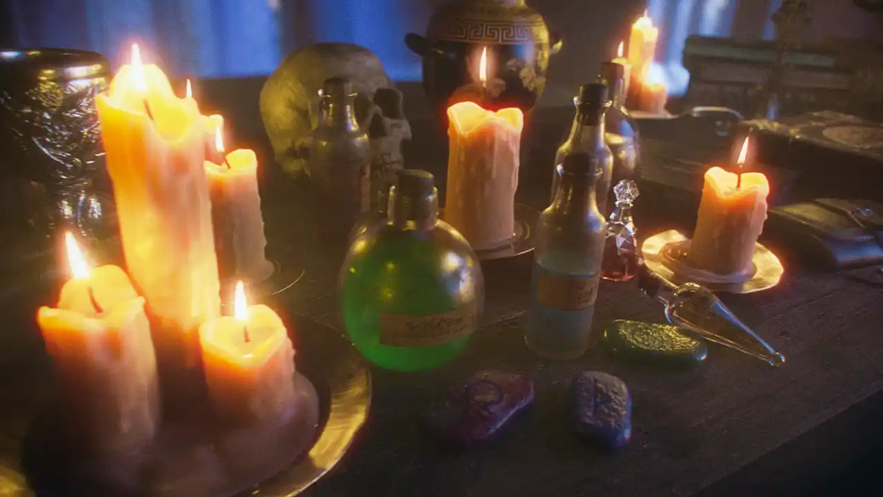 These Animation features a fantasy setting of a wizard or magical alchemists' desk with all manner of potions and artefacts upon it for a youtube intro for Mythology Explained channel.